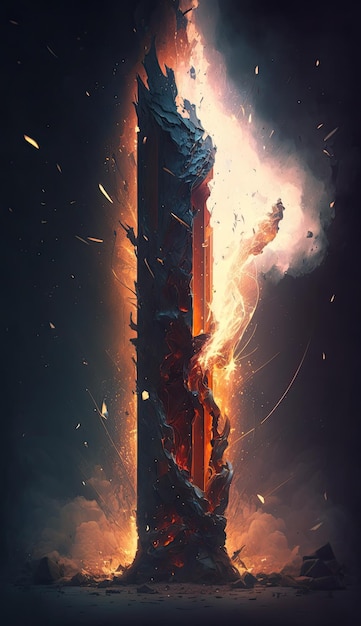 A burning sword is lit up by the flames.