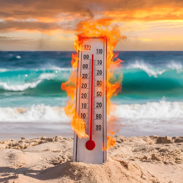 Photo burning thermometer on sandy beach with flames and waves 120f temperature sunrisesunset sky for