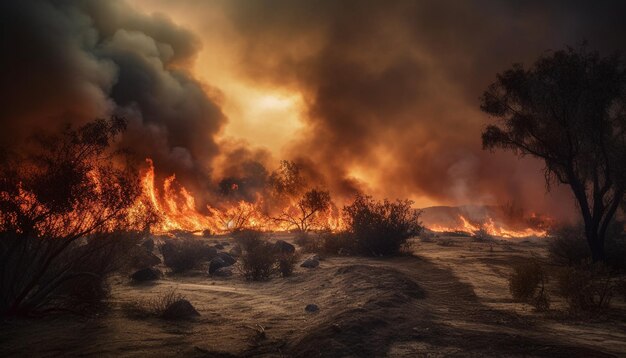 Burning tree ignites inferno destroying forest and causing environmental damage generated by artificial intelligence