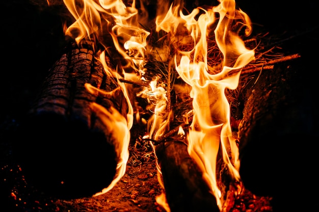 Burning wood at night. Campfire at touristic camp at nature in mountains. Flame and fire sparks on dark abstract night. Cooking barbecue outdoor.