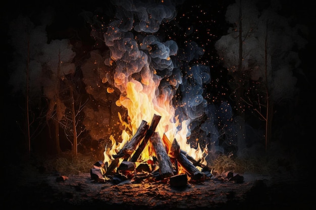 Burning wood at night The fire in the natural forest flames and sparks on a dark background Fuel energy and energy