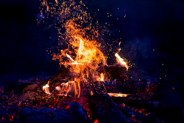 Burning wood at night