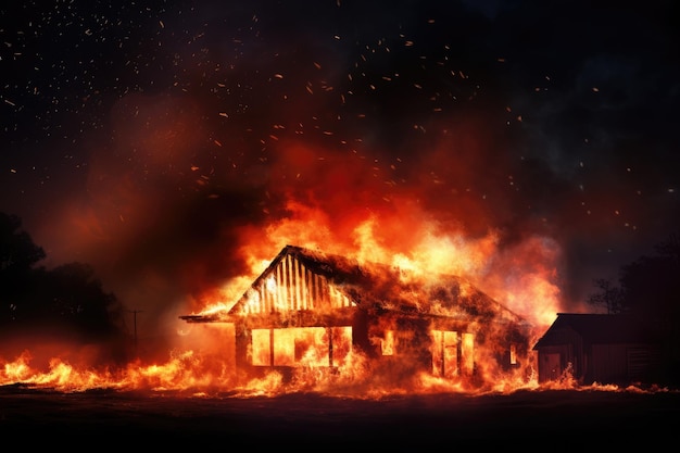 Burning wooden house or barn at night