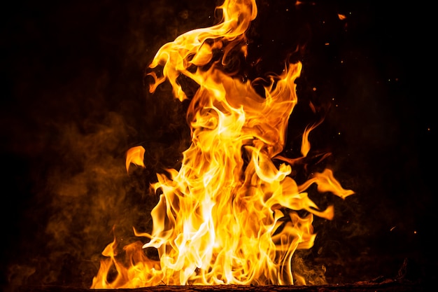 Burning woods with firesparks, flame and smoke. Strange weird odd elemental fiery figures on black background. Coal and ash. Abstract shapes at night. Bonfire outdoor on nature. Strenght of element