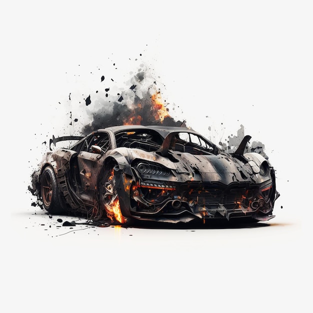 A burnt car is on fire with the word supercar on it.