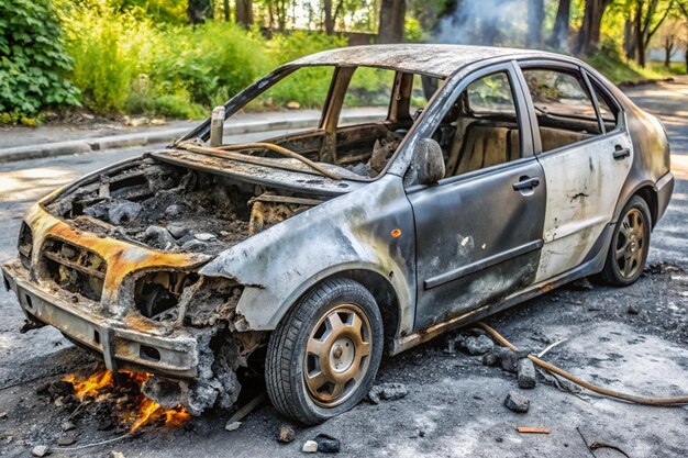 a burnt car with the word quot fire quot on the side