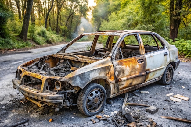 a burnt car with the word quot on the side quot on the side