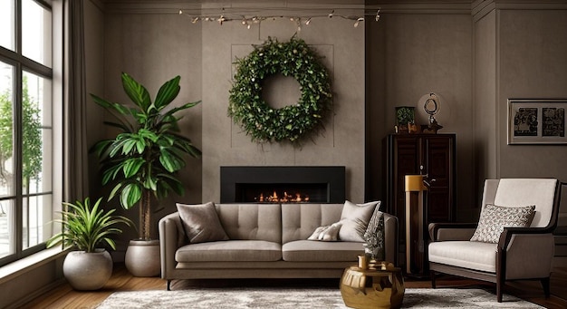 Photo a burnt orange and copper luxury living room interior with bohemian decor and large leafy plants