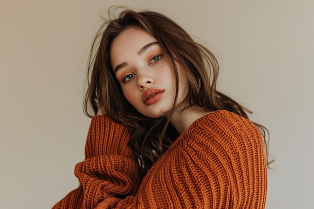 Burnt Orange Sweater Lifestyle Fashion Portrait of a Beautiful woman with Solid Light Beige background