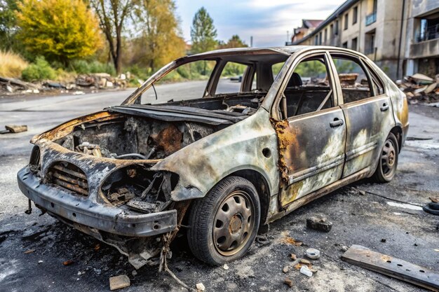 a burnt out car with the word quot fire quot on the side