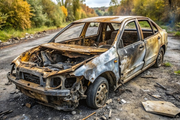 a burnt out car with the word quot on the side