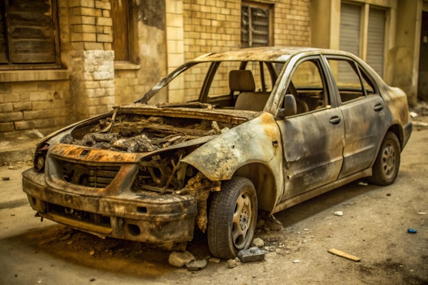 Photo a burnt out car with the word quot on the side