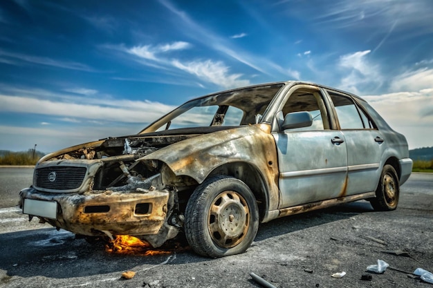 a burnt out car with the word quot on the side