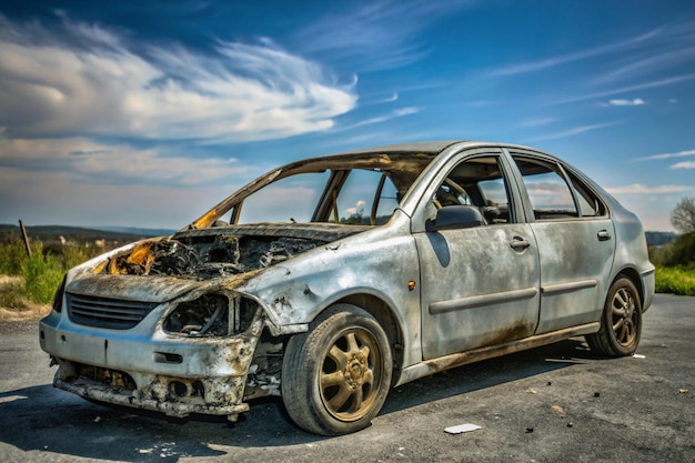 a burnt out car with the word quot the word quot on the side