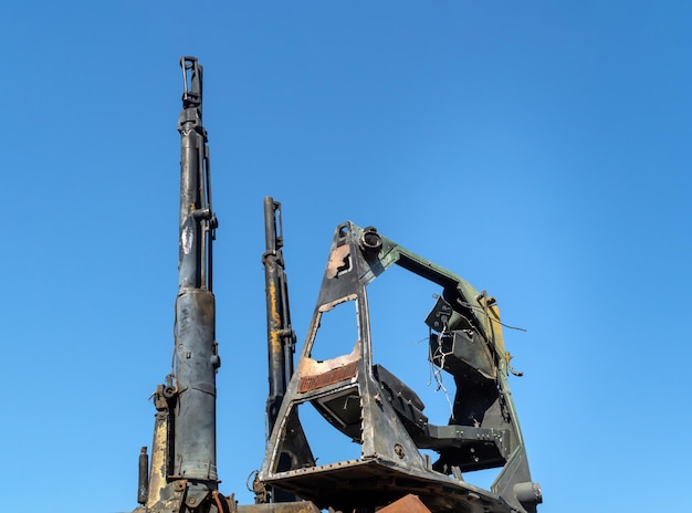 The burnt part of a Russian antiaircraft installation that burned down in battle in Ukraine