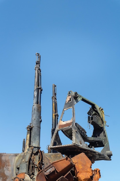 The burnt part of a Russian antiaircraft installation that burned down in battle in Ukraine