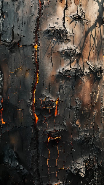 Photo a burnt tree trunk with burnt bark and burnt bark