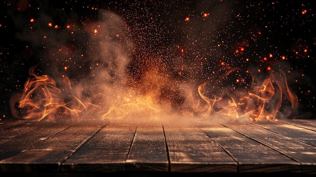 Burnt wooden table amidst flames Wooden table with Fire burning at the edge of the table