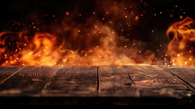 Burnt wooden table amidst flames Wooden table with Fire burning at the edge of the table