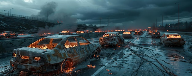 Burntout cars on a highway remnants of a rapid wildfire evacuation forced perspective style