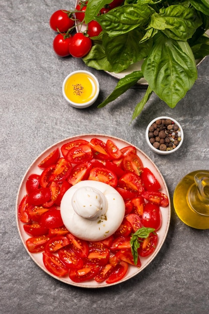 Burrata cheese salad with cherry tomatoes, olive oil and seasoning. Fresh food concept.