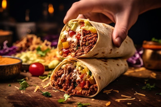 A burrito being served with a side of sliced cucumbers