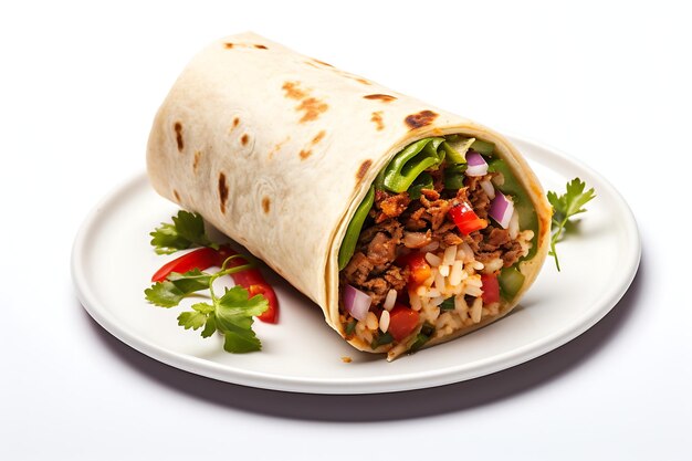 Photo burrito on a plate isolated on white background top view