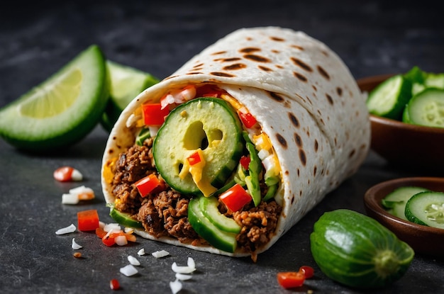 Burrito served with sliced cucumbers