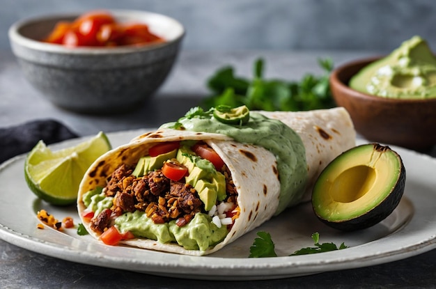 Burrito topped with avocadolime dressing