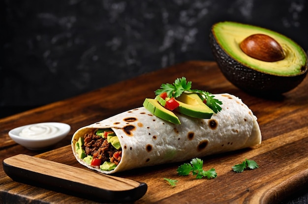 Photo burrito with avocado on a wooden board