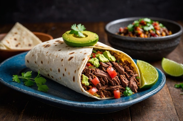 Burrito with barbacoa beef and fresh guacamole