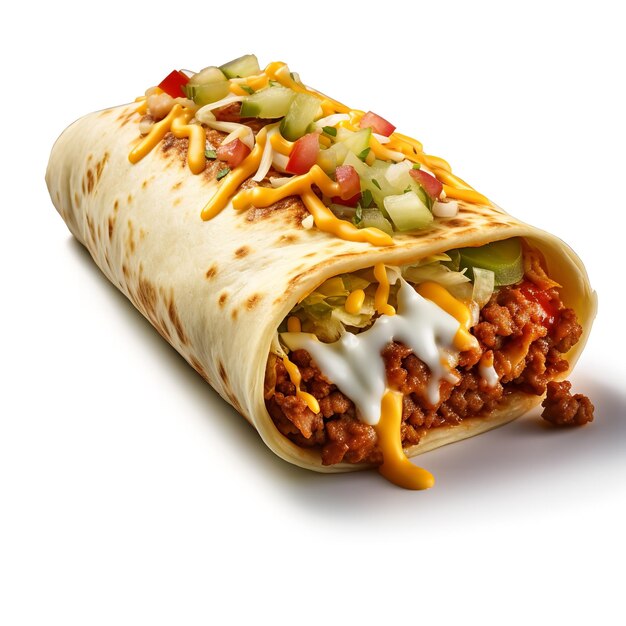 a burrito with a taco and a white sauce