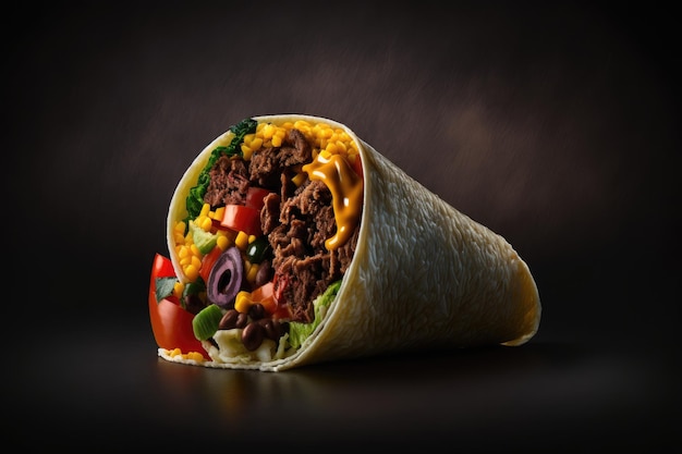 Burritos is wrapped in beef and vegetables against a black Illustration AI Generative