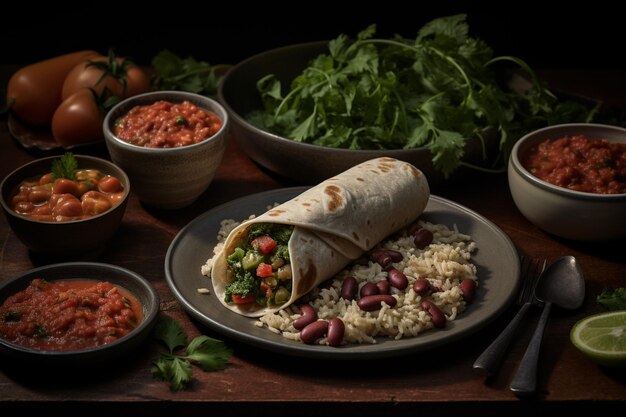 Burritos mexican rolled food rice salad and frijoles