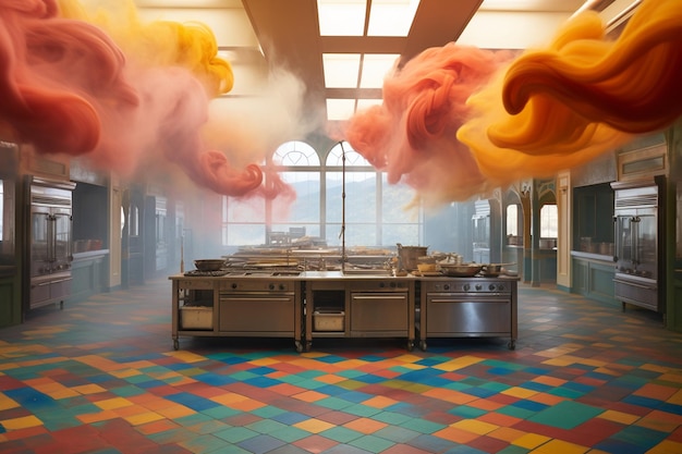 Photo burritos surrounded by swirling colorful mist in a whimsical kitchen setting