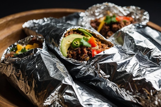 Burritos wrapped in foil ready for takeout or delivery