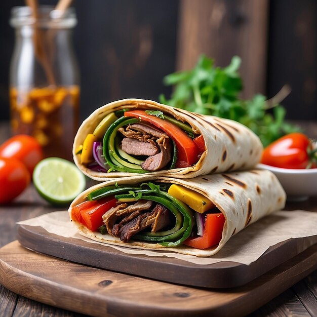 Photo burritos wraps with beef and vegetables