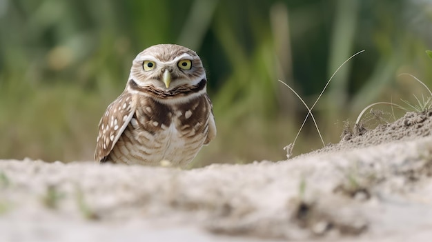 A burrowing owl is seen on a beach.