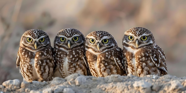 Photo burrowing owls athene cunicularia group in natural habitat concept wildlife photography burrowing owls natural habitat bird watching