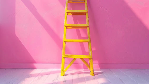 Burst of color yellow ladder against pink wall in sunlight