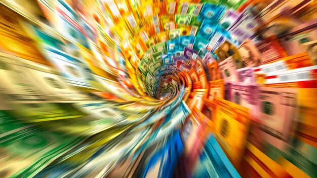 Photo a burst of colorful currency notes spiraling through the air creating a vivid display of wealth and opportunity the motion of the money conveys the excitement and allure of financial success