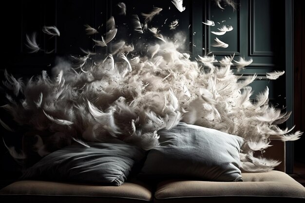 Burst of feathers exploding from a pillow in the air illustration generative ai