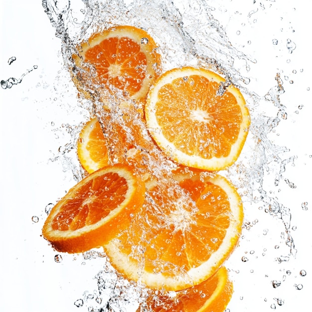 A burst of freshness as vibrant orange fruit slices collide with refreshing water splashes