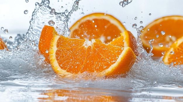 A burst of freshness as vibrant orange fruit slices collide with refreshing water splashes