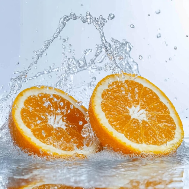 A burst of freshness as vibrant orange fruit slices collide with refreshing water splashes