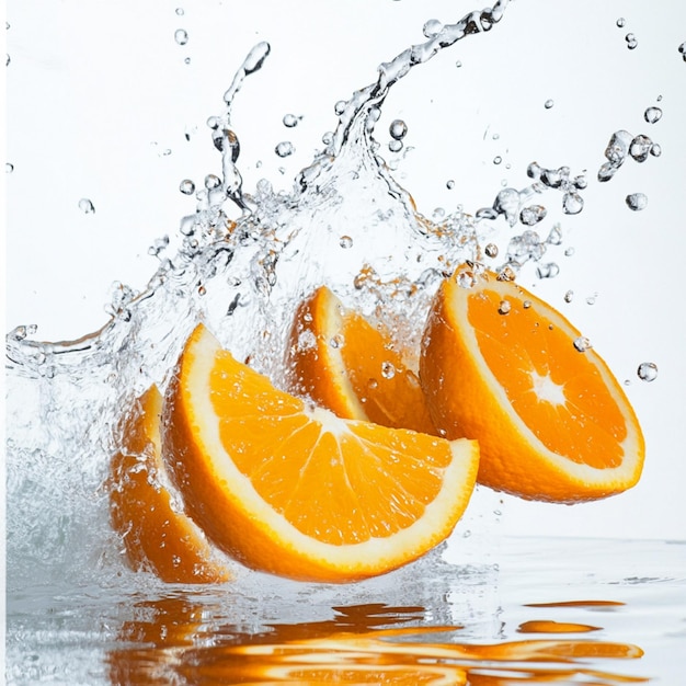 A burst of freshness as vibrant orange fruit slices collide with refreshing water splashes