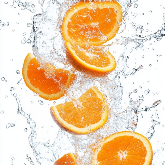 A burst of freshness as vibrant orange fruit slices collide with refreshing water splashes