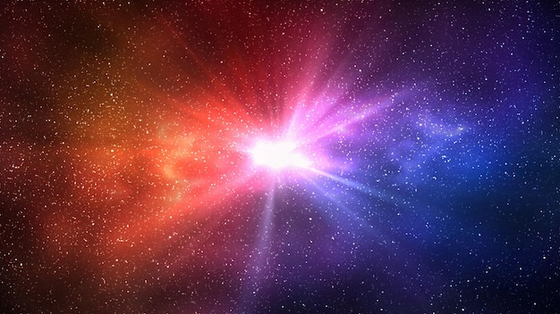 Burst of light in space Night starry sky and bright blue red galaxy horizontal background