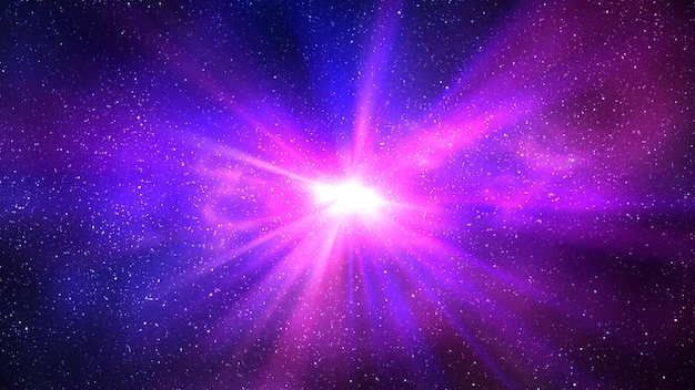 Burst of light in space Night starry sky and bright purple blue galaxy horizontal background