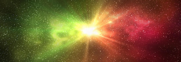 Burst of light in space Night starry sky and bright yellow red galaxy horizontal background banner